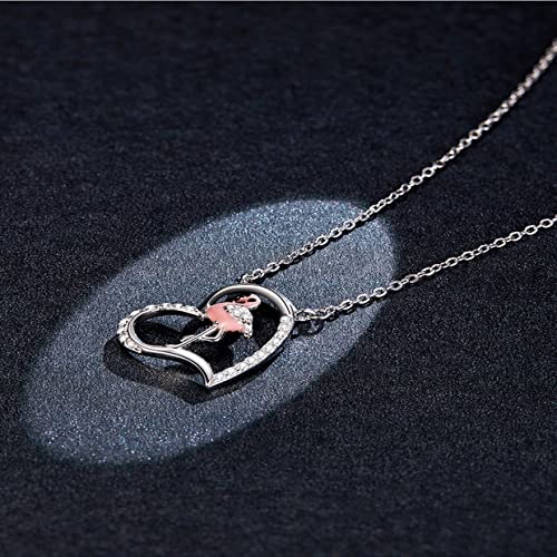 PAHALA 925 Sterling Silver Enamel Pink Animal Heart Memnon Flamingos Chain Necklace Pendant Wedding Necklace