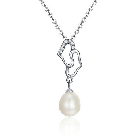 PAHALA 925 Sterling Silver Double Hearts with Crystals Pearl Pendant Necklace