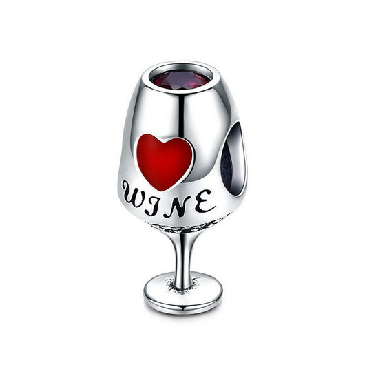 PAHALA 925 Strling Silver Red Wine Cup Heart Enamel Charms Charm