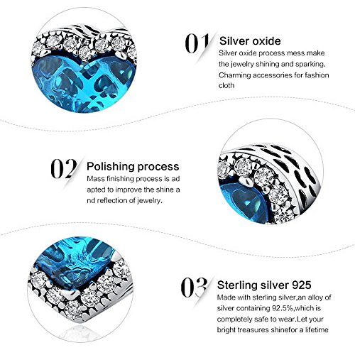 PAHALA 925 Strling Silver 6 Colors Love Heart Crystals Charms Pendant Fit Bracelets Necklace (Blue)