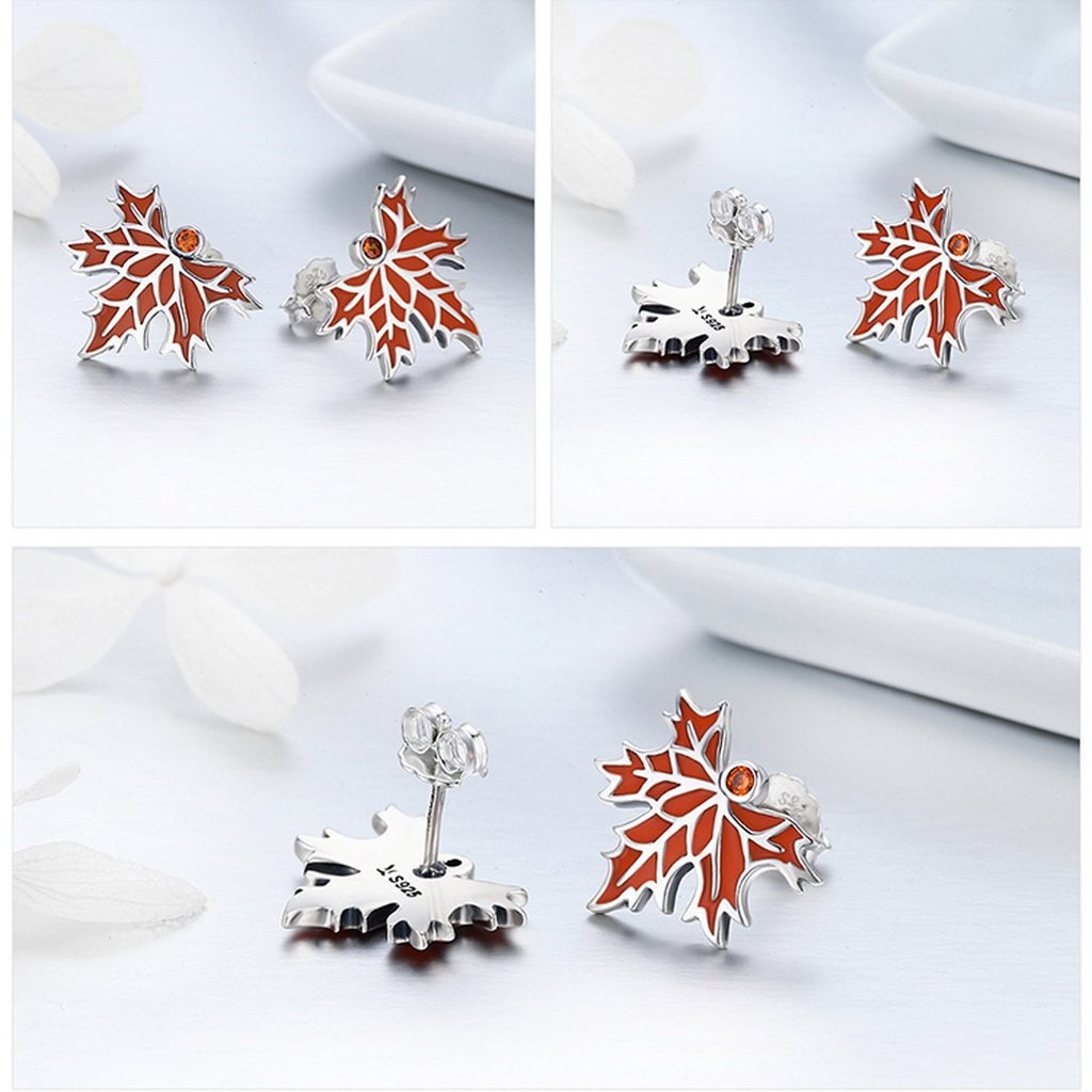 PAHALA 925 Sterling Silver Red Enamel Autumn Maple Tree Pendant Necklace Earrings Jewelry Set