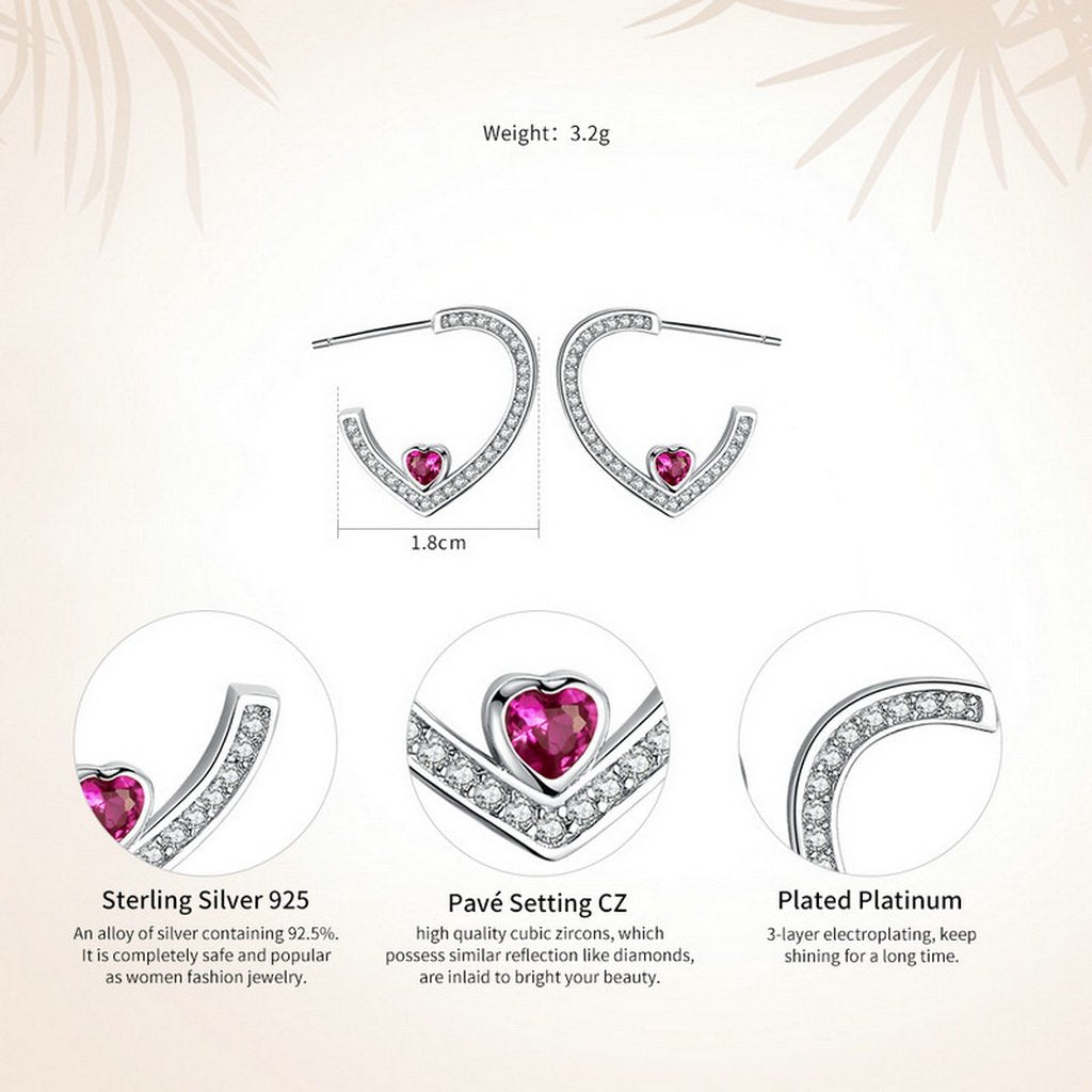 PAHALA 925 Sterling Silver Round With Pink Crystals Heart Party Wedding Stud Earring