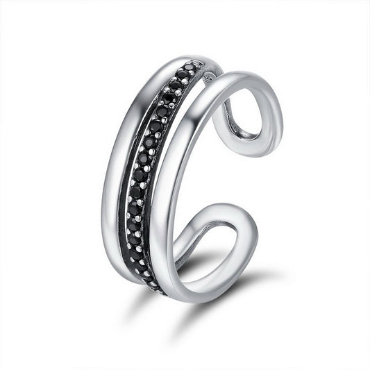PAHALA 925 Strling Silver Urban Style Black Crystals Weeding Party Band Ring