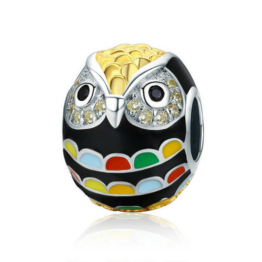 PAHALA 925 Sterling Silver Gold Owl with Colorful Enamel Crystals Pendant Charm Bead