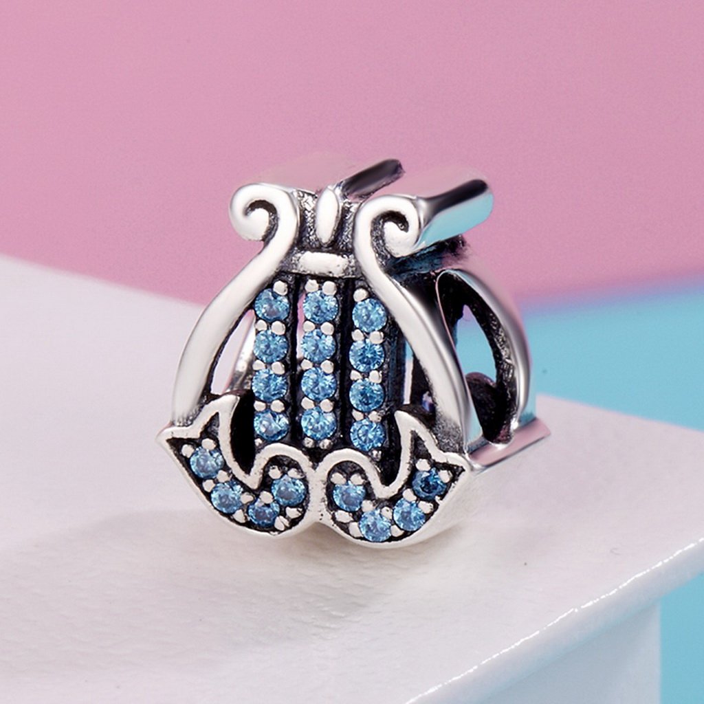 PAHALA 925 Sterling Silver Elegant Harp Blue Crystals Charm Bead