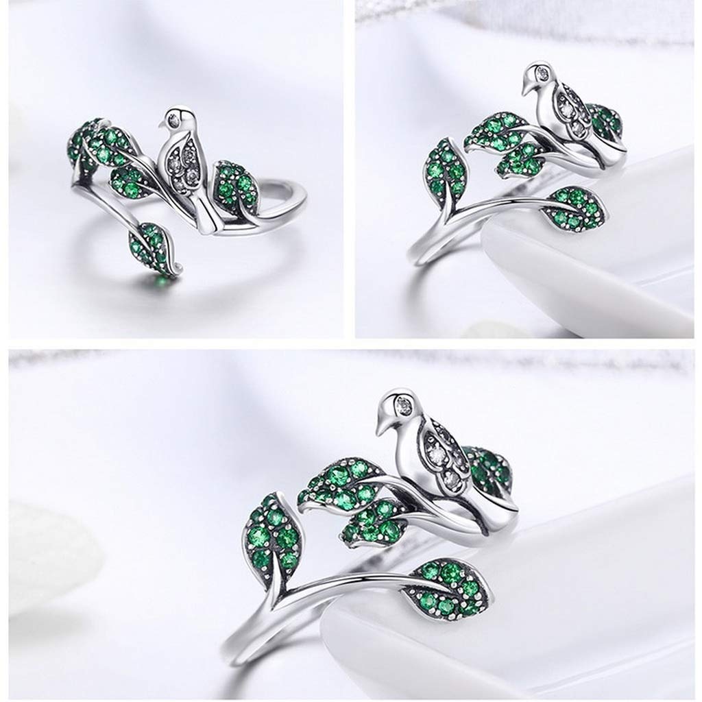 PAHALA 925 Strling Silver Tree Leaves with Bird Crystals Finger Weeding Party Ring