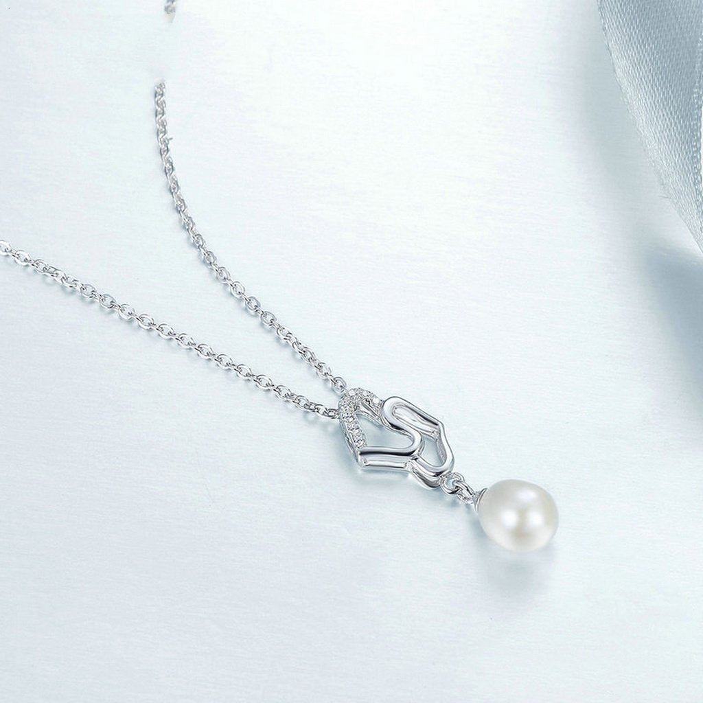 PAHALA 925 Sterling Silver Double Hearts with Crystals Pearl Pendant Necklace