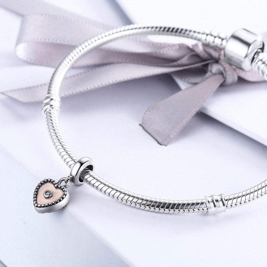 PAHALA 925 Strling Silver Pink Ture Love with Crystal Charms Fit Bracelets Necklace