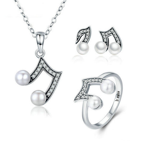 PAHALA 925 Sterling Silver Music Melody Pendant Necklace Earrings Ring Jewelry Set