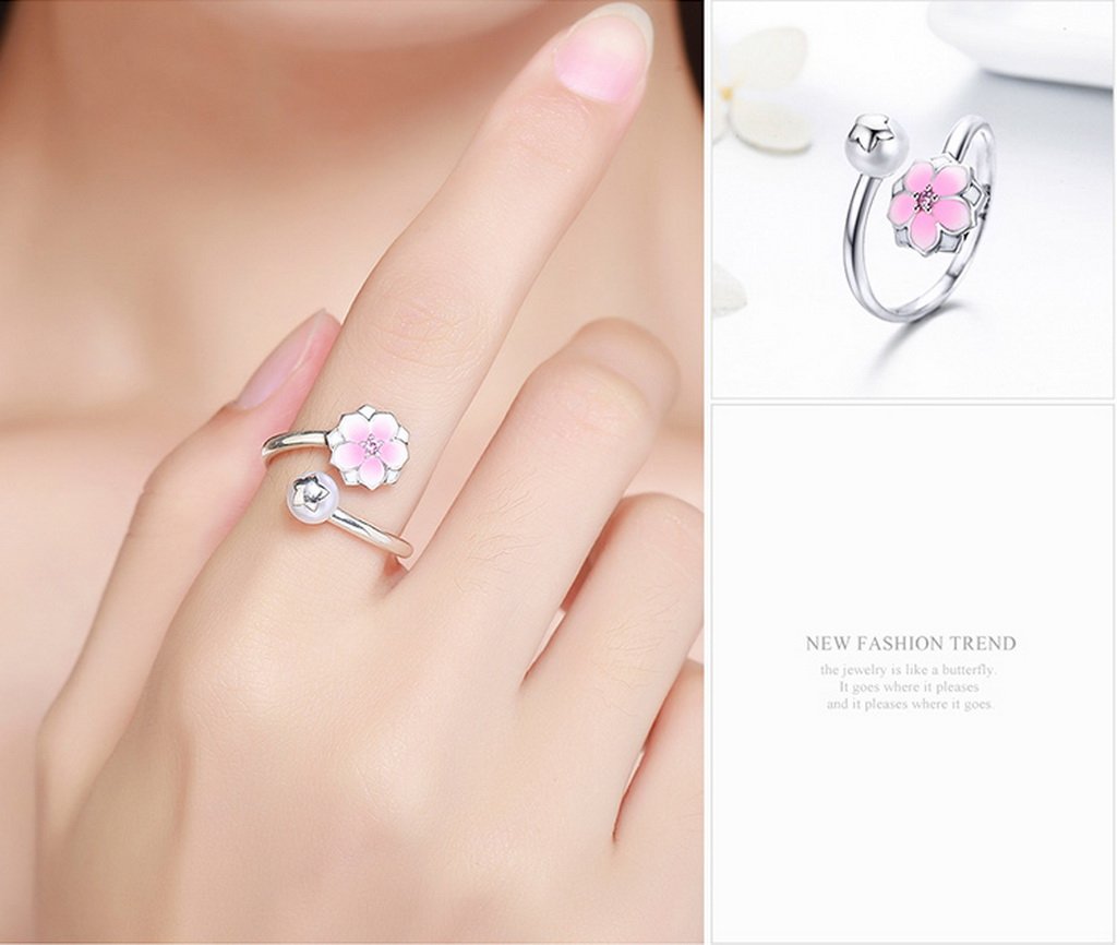 PAHALA 925 Sterling Silver Bloom with Pink Enamel Weeding Party Band Ring