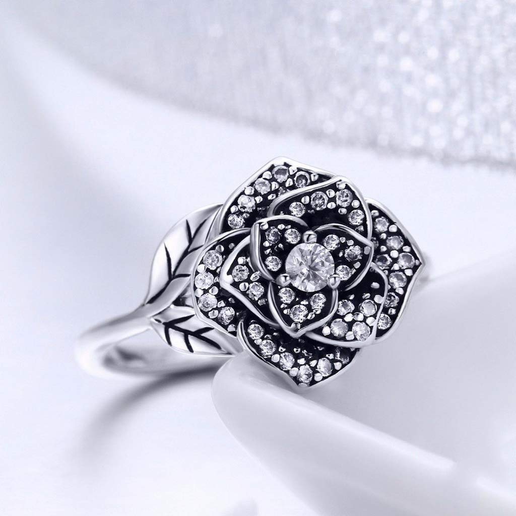 PAHALA 925 Strling Silver Rose Flower Dazzling Crystals Finger Weeding Party Ring