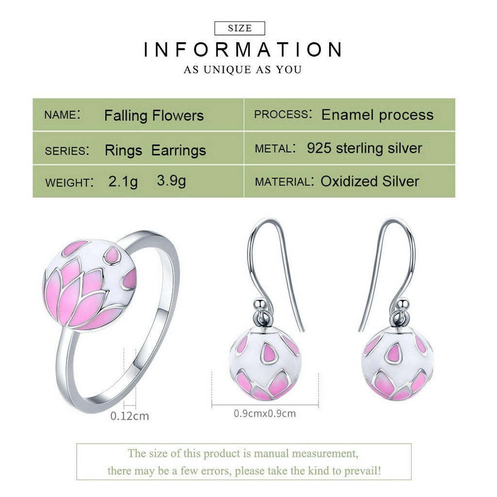 PAHALA 925 Sterling Silver Pink Enamel Flower Cherry Ring Earrings Jewelry Set