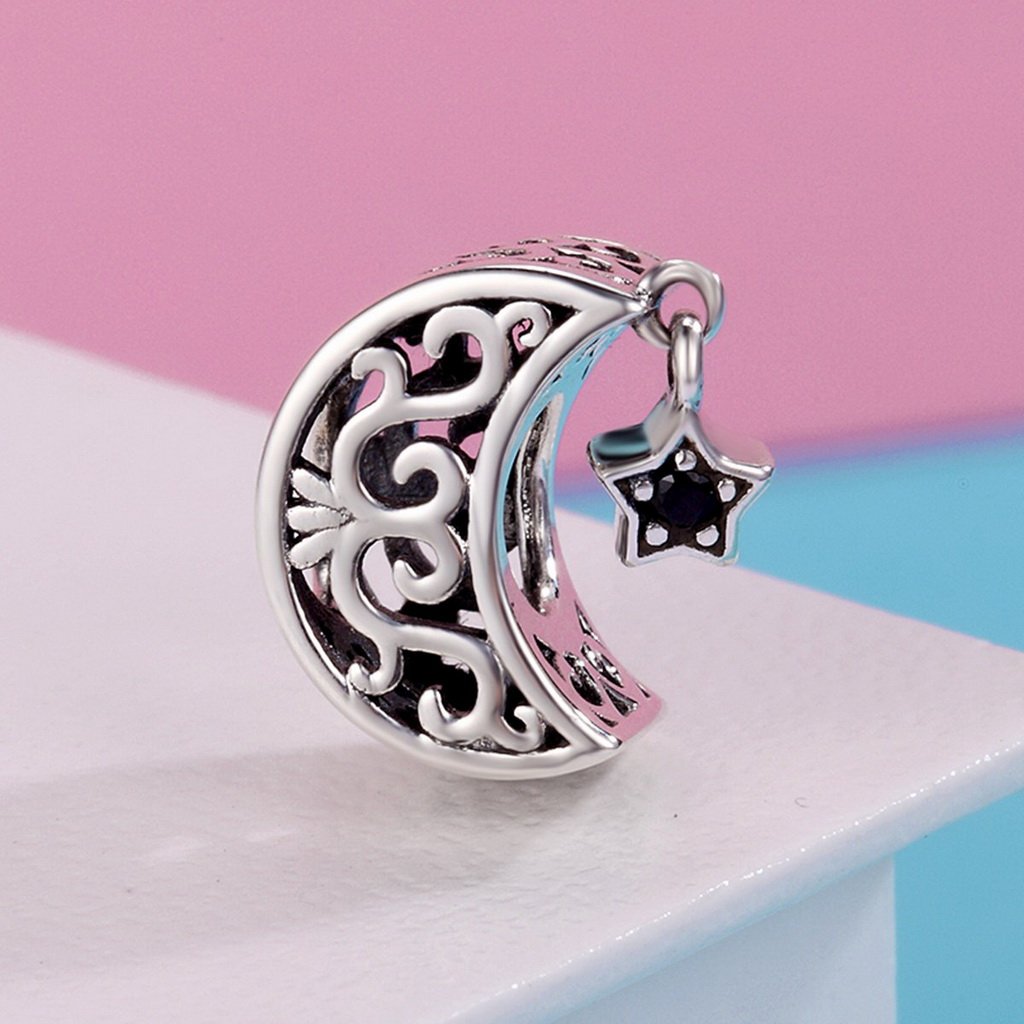 PAHALA 925 Sterling Silver Openwork Moon Star Goodnight Charm Bead