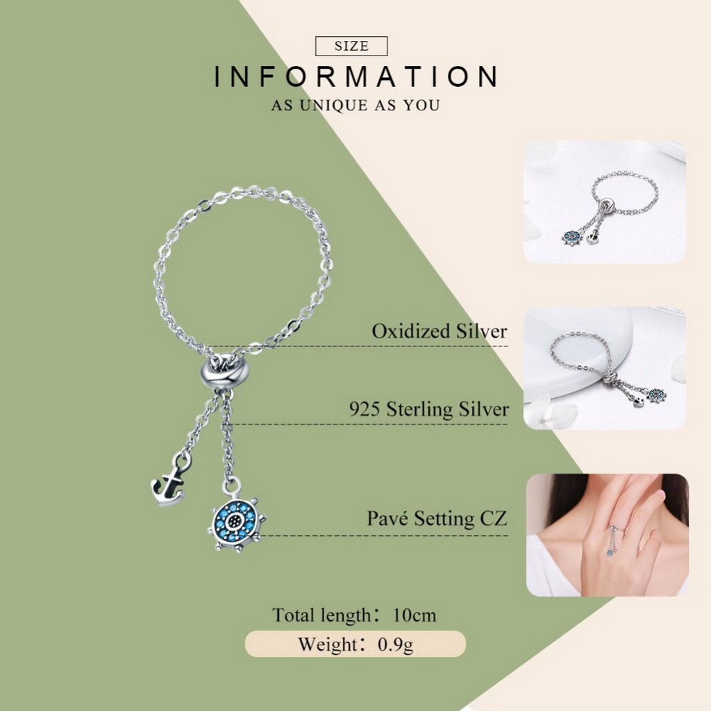 PAHALA 925 Strling Silver Anchor Rudder Chain Link Adjustable Weeding Party Ring
