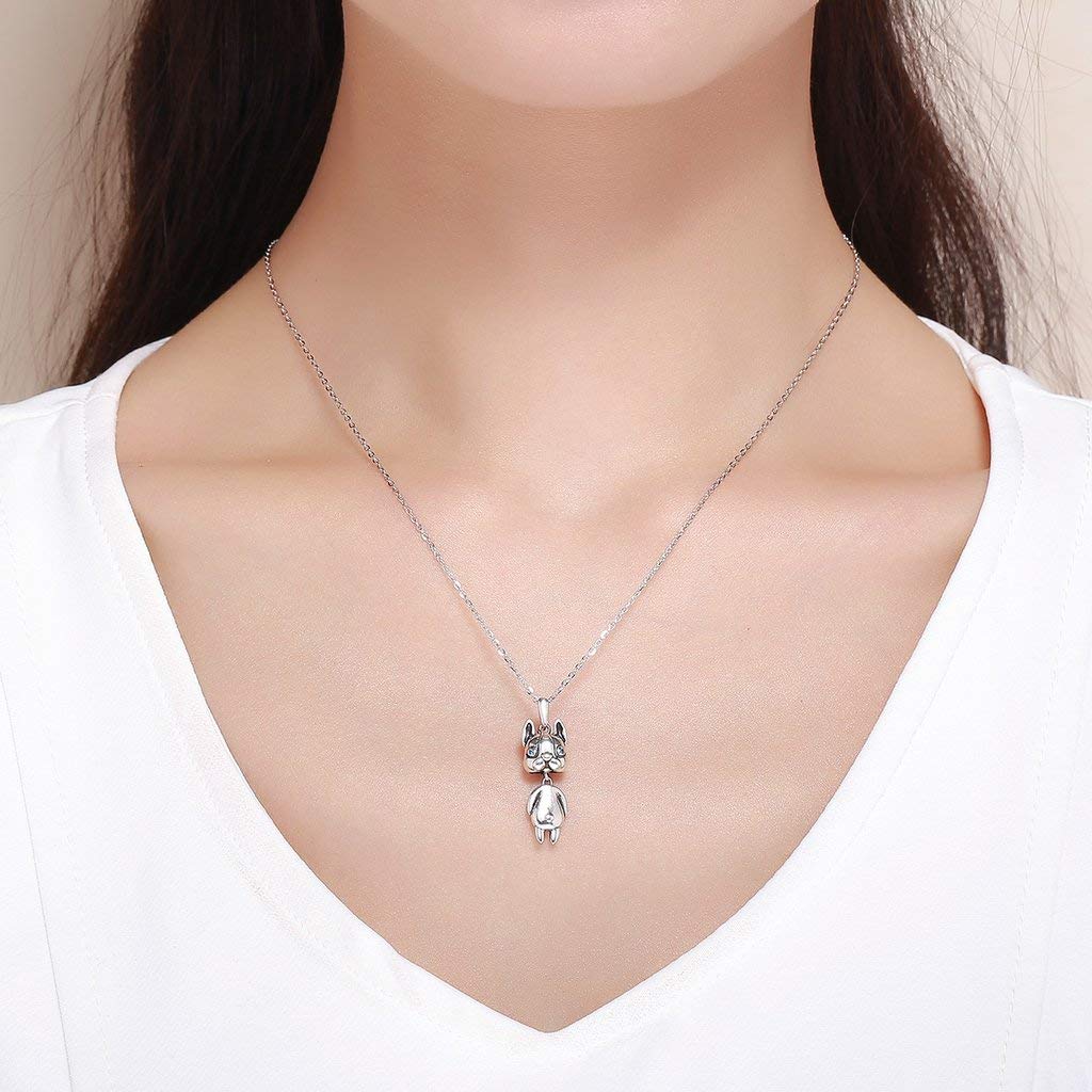 PAHALA 925 Sterling Silver Silver French Bulldog Doggy with Crystals Clear CZ Pendant Necklace