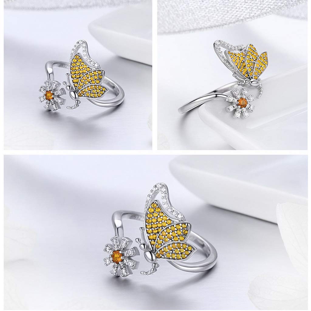 PAHALA 925 Strling Silver Butterfly Daisy Flower Crystals Finger Weeding Party Ring
