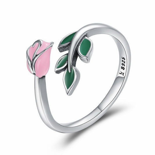 PAHALA 925 Strling Silver Rose Flower Enamel Pink Weeding Party Band Ring