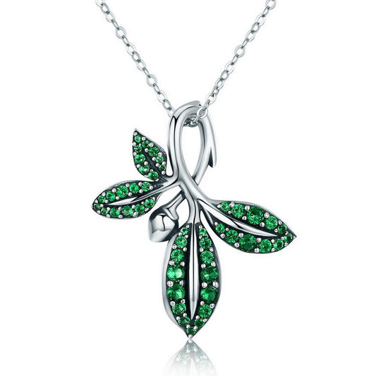 PAHALA 925 Sterling Silver Summer Tree Leaves Crystals Pendant Necklace