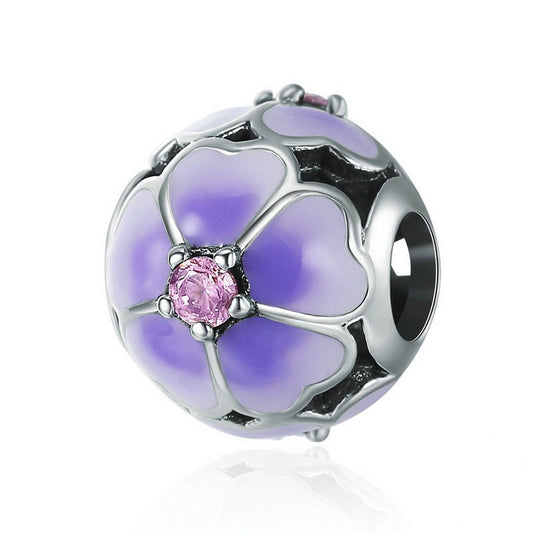 PAHALA 925 Sterling Silver Light Purple Enamel Cherry with Pink Crystals Charm Bead