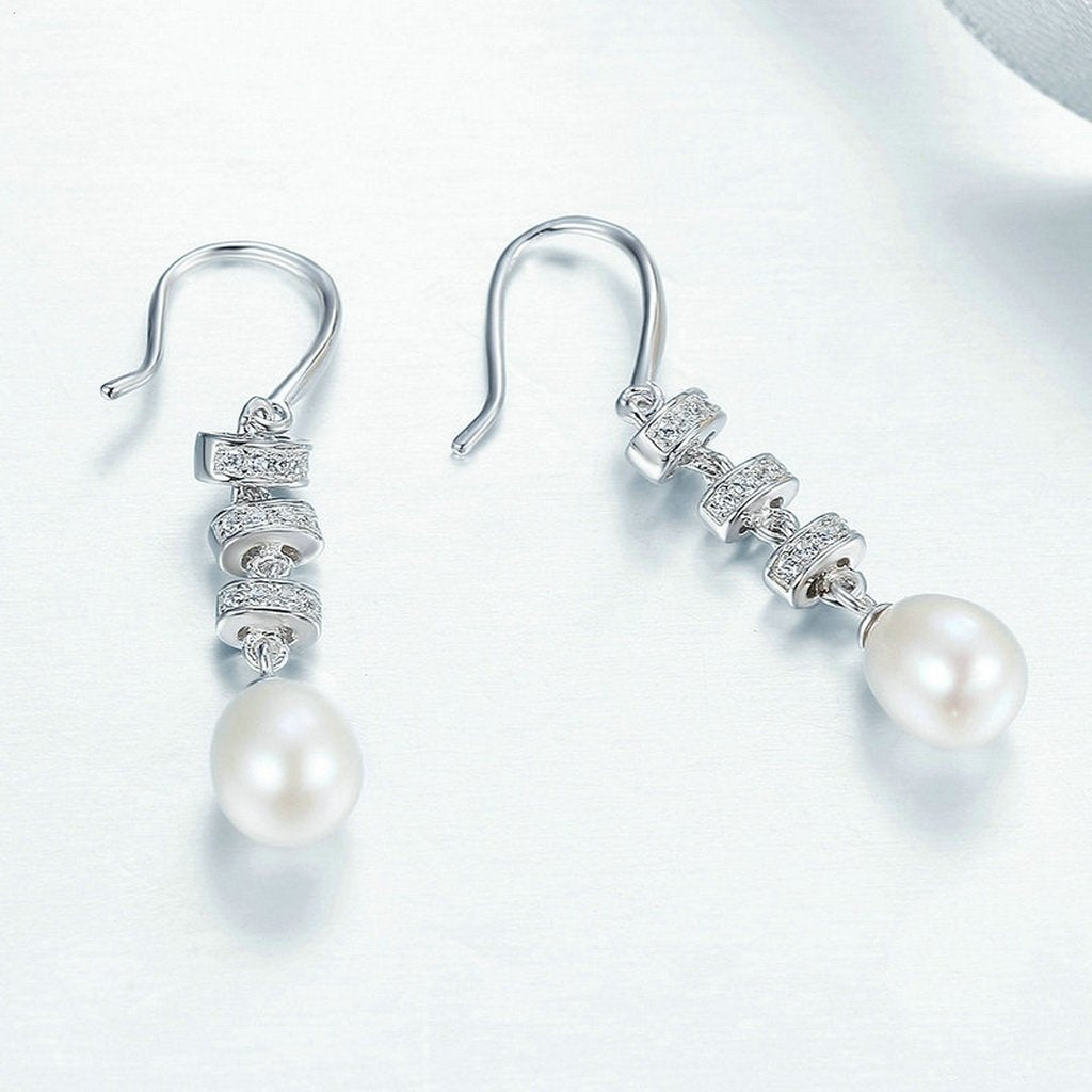 PAHALA 925 Sterling Silver Geometric With Crystals Freshwater Pearl Party Wedding Drop Earrings