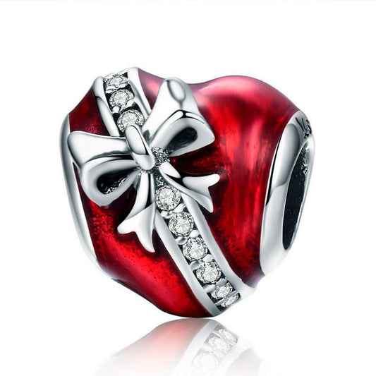 PAHALA 925 Strling Silver Bowknot Red Enamel Romantic Heart with Crystals Charms Beads