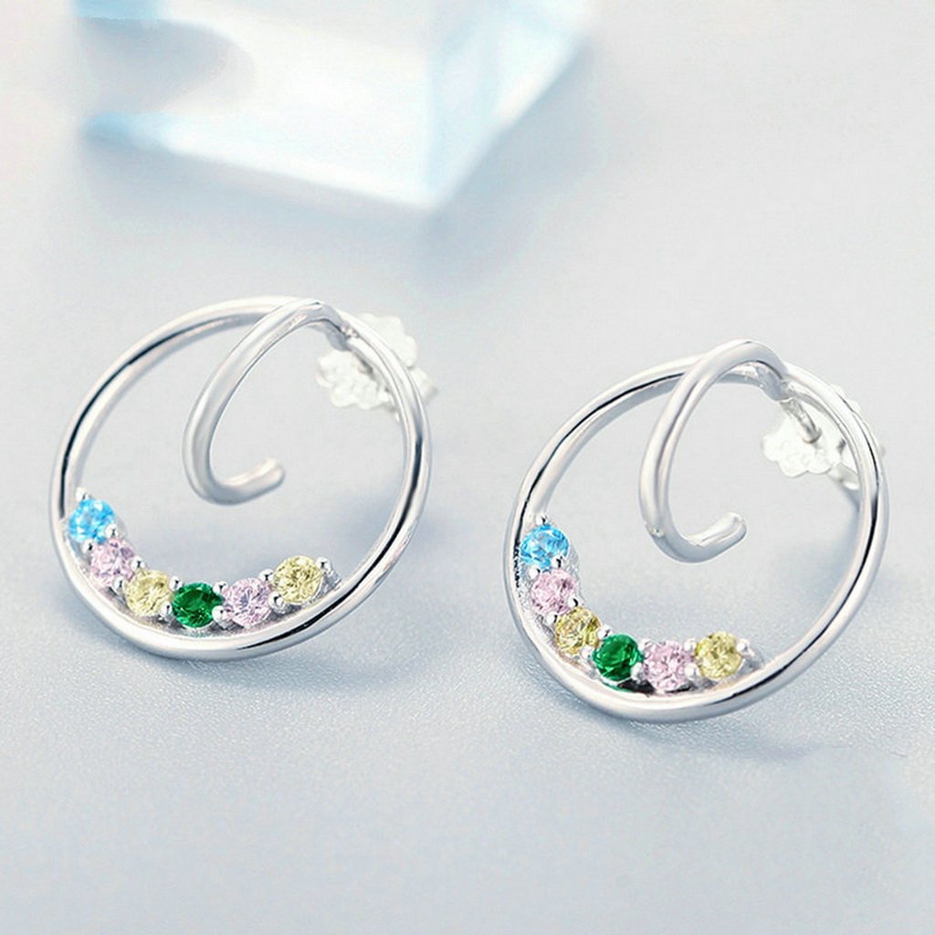 PAHALA 925 Sterling Silver Round With Colorful Crystals Party Wedding Stud Earring