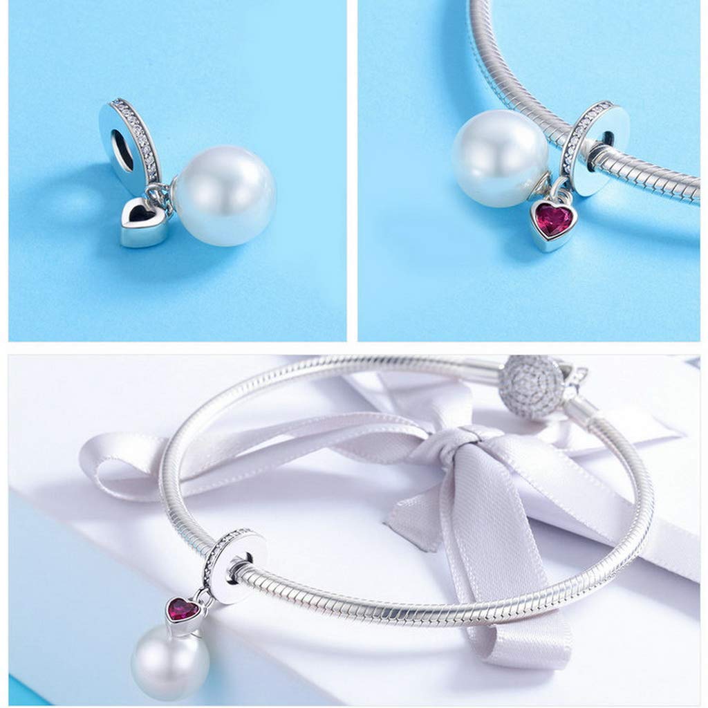 PAHALA 925 Strling Silver Pearl Heart Red Crystal Pendant Charm Bead