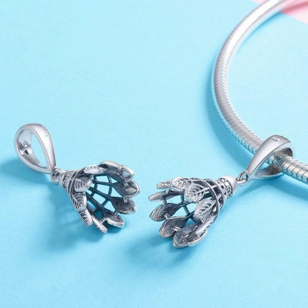 PAHALA 925 Strling Silver Badminton Pendant with Crystals Charm Bead