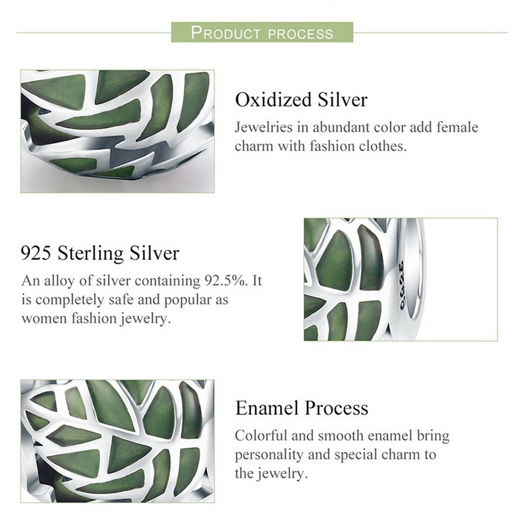 PAHALA 925 Sterling Silver Tree Leaves Green Enamel Charm Bead