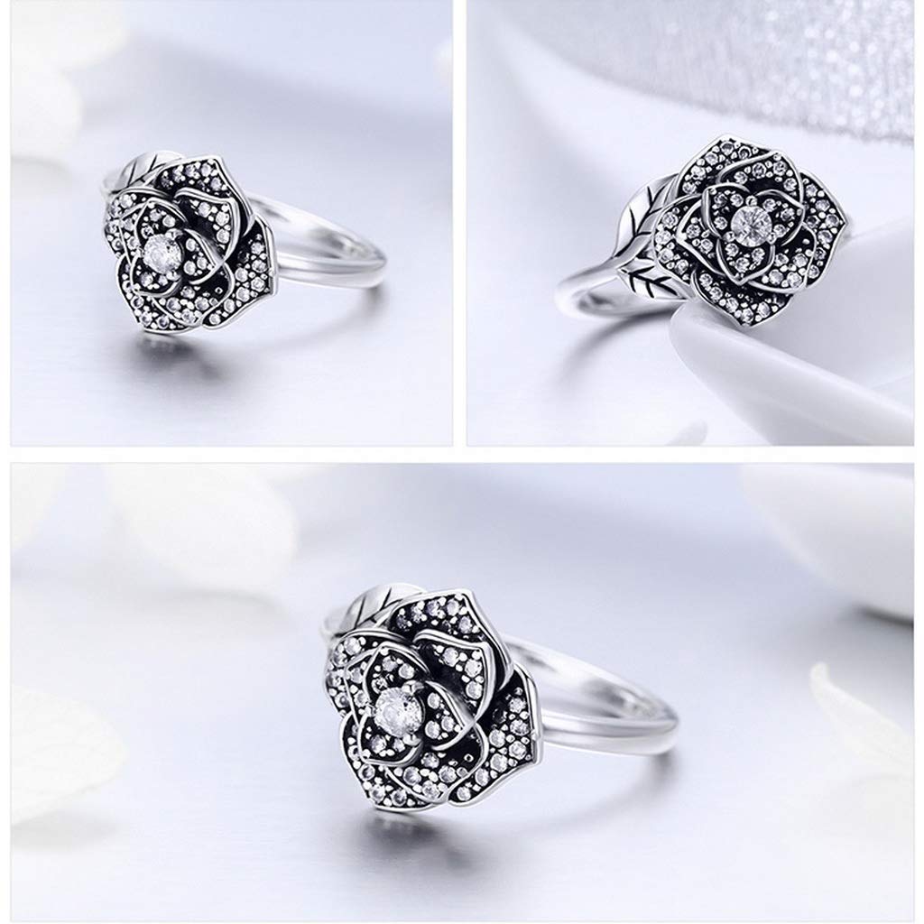 PAHALA 925 Strling Silver Rose Flower Dazzling Crystals Finger Weeding Party Ring