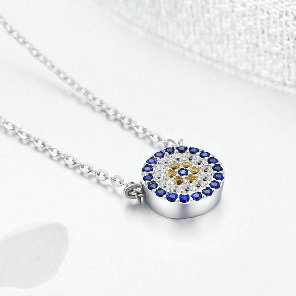 PAHALA 925 Sterling Silver Round Blue Crystals Clear CZ Pendant Necklace
