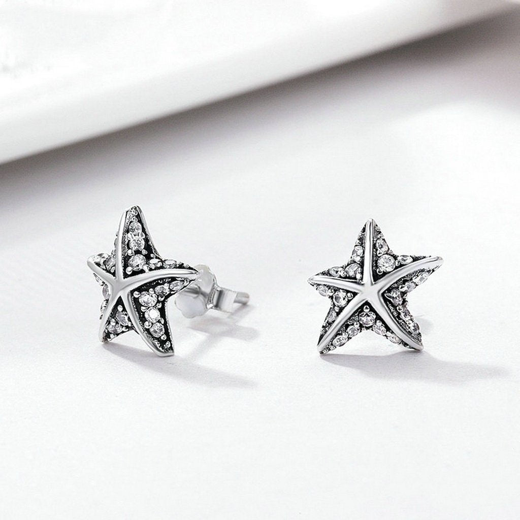 PAHALA 925 Sterling StarFish With Crystals Party Wedding Stud Earrings