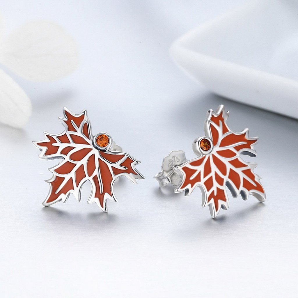 PAHALA 925 Sterling Silver Red Enamel Autumn Maple Tree Stud Earrings