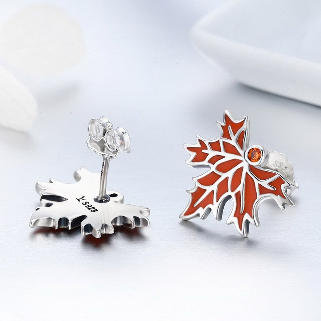 PAHALA 925 Sterling Silver Red Enamel Autumn Maple Tree Pendant Necklace Earrings Jewelry Set