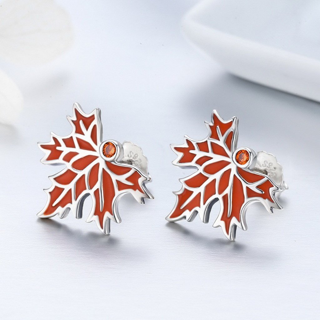 PAHALA 925 Sterling Silver Red Enamel Autumn Maple Tree Stud Earrings