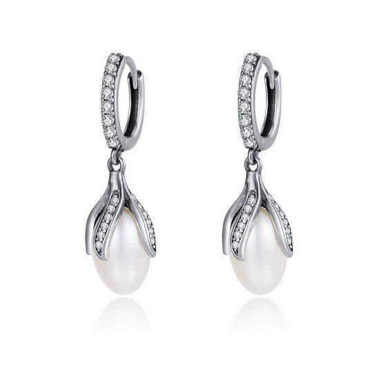 PAHALA 925 Sterling Silver Blooming Flower Petal Freshwater Pearl Crystal Long Tassel Earrings