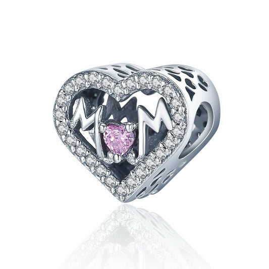 PAHALA 925 Sterling Silver Sweet Heart Love Mom with Crystals Charm Bead