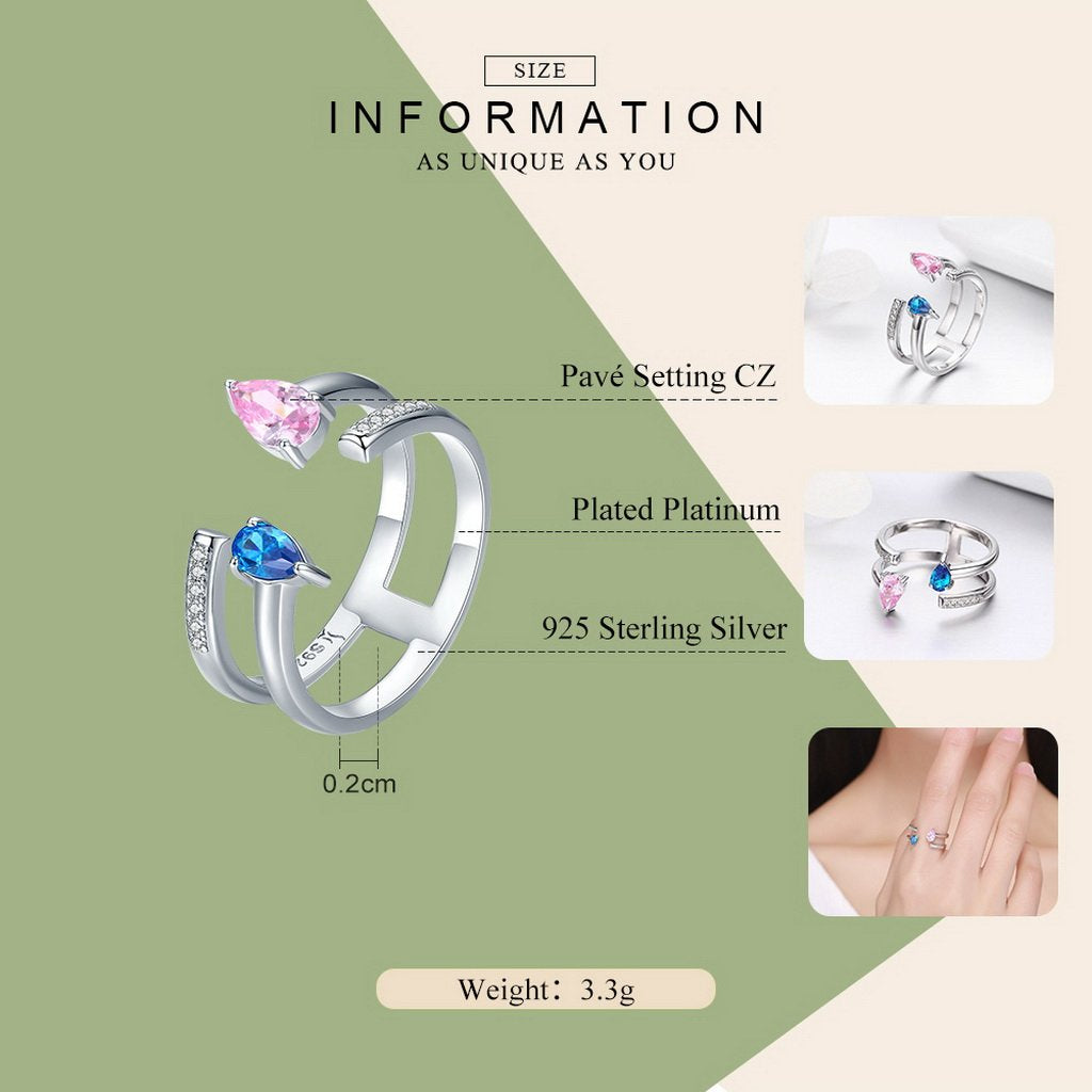 PAHALA 925 Strling Silver Pink Blue Crystals Weeding Party Band Ring