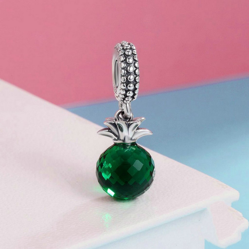 PAHALA 925 Strling Silver Pineapple with Green Crystal Pendant Charm Bead