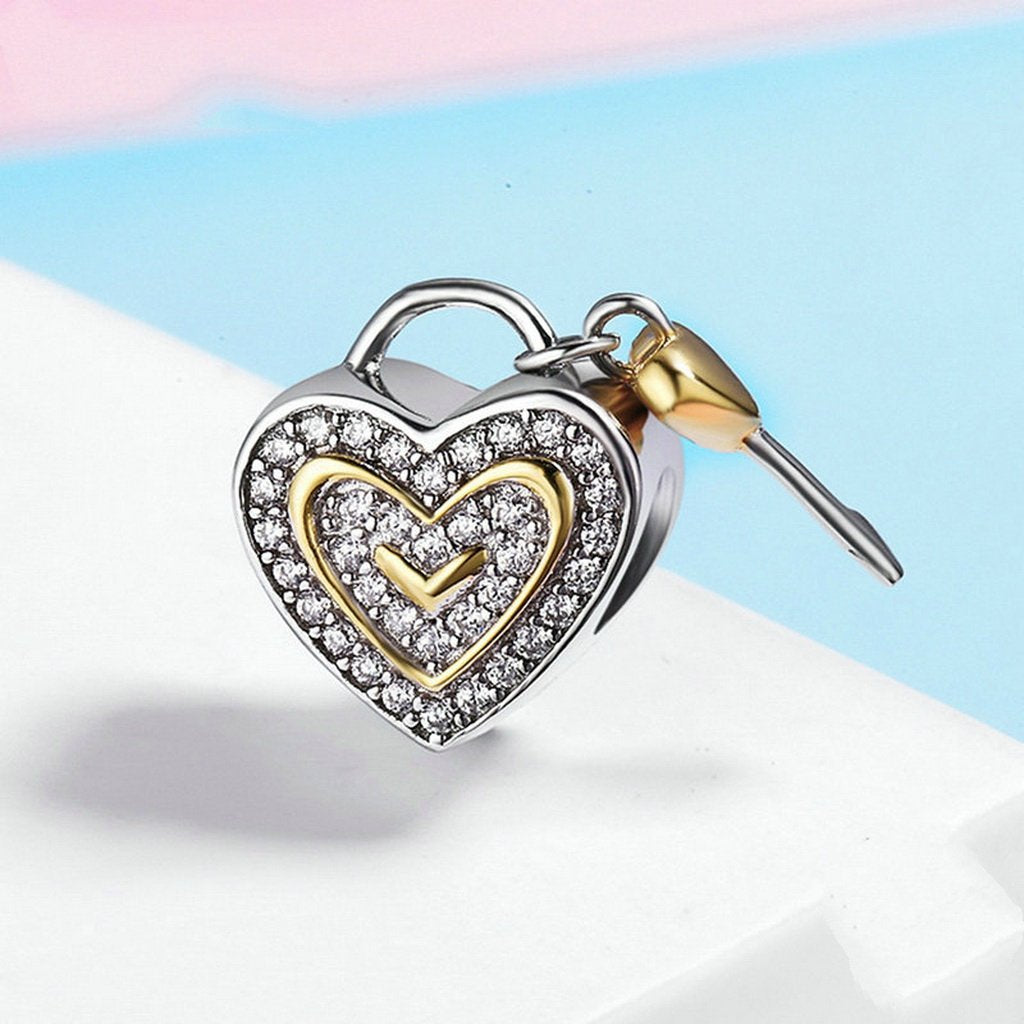 PAHALA 925 Sterling Silver Cute Love Lock Key with Crystals Charm Bead