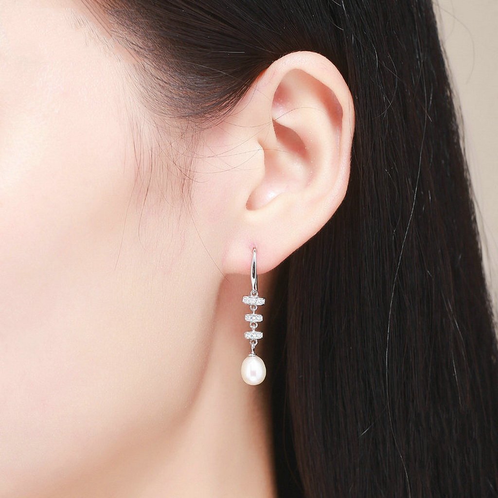 PAHALA 925 Sterling Silver Geometric With Crystals Freshwater Pearl Party Wedding Drop Earrings