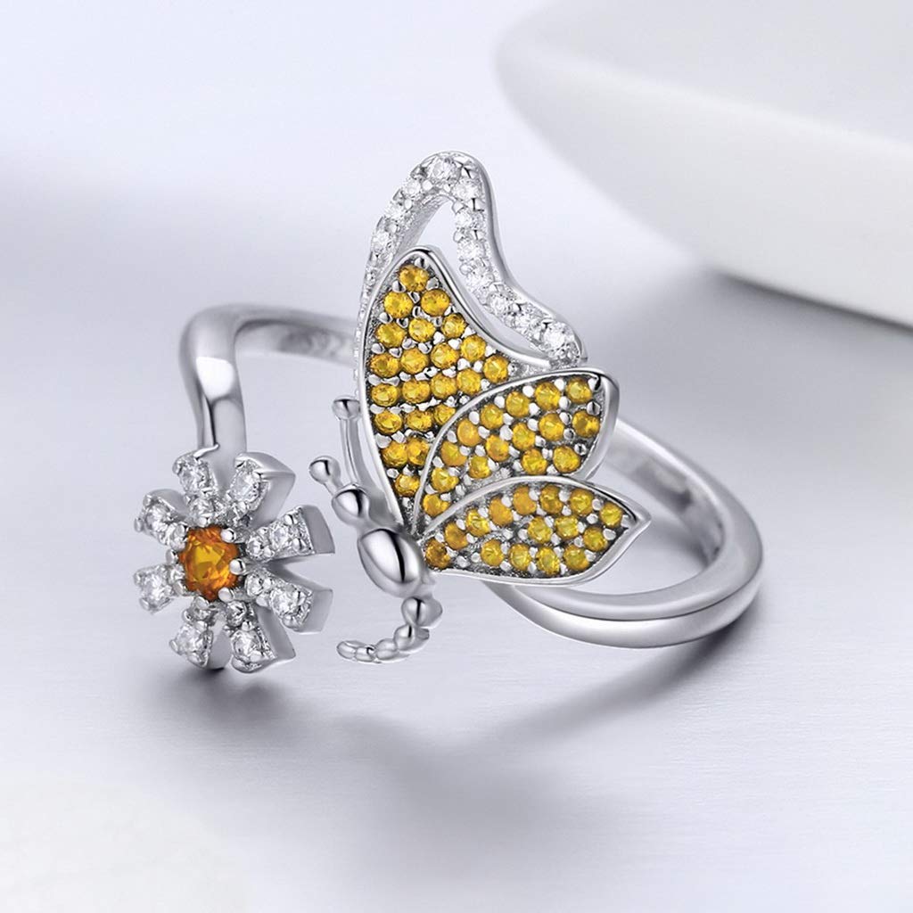 PAHALA 925 Strling Silver Butterfly Daisy Flower Crystals Finger Weeding Party Ring