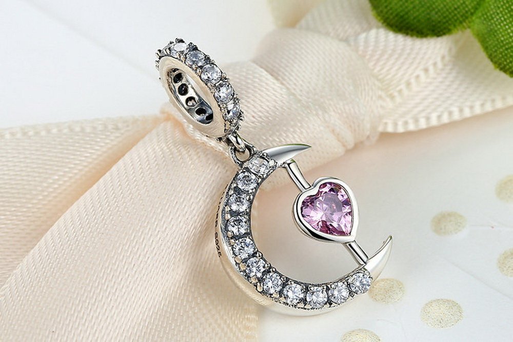 PAHALA 925 Strling Silver Moon with Pink Heart Crystal Charms Pendant Fit Bracelets Bangles Necklace
