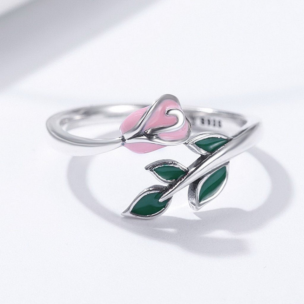 PAHALA 925 Strling Silver Rose Flower Enamel Pink Weeding Party Band Ring