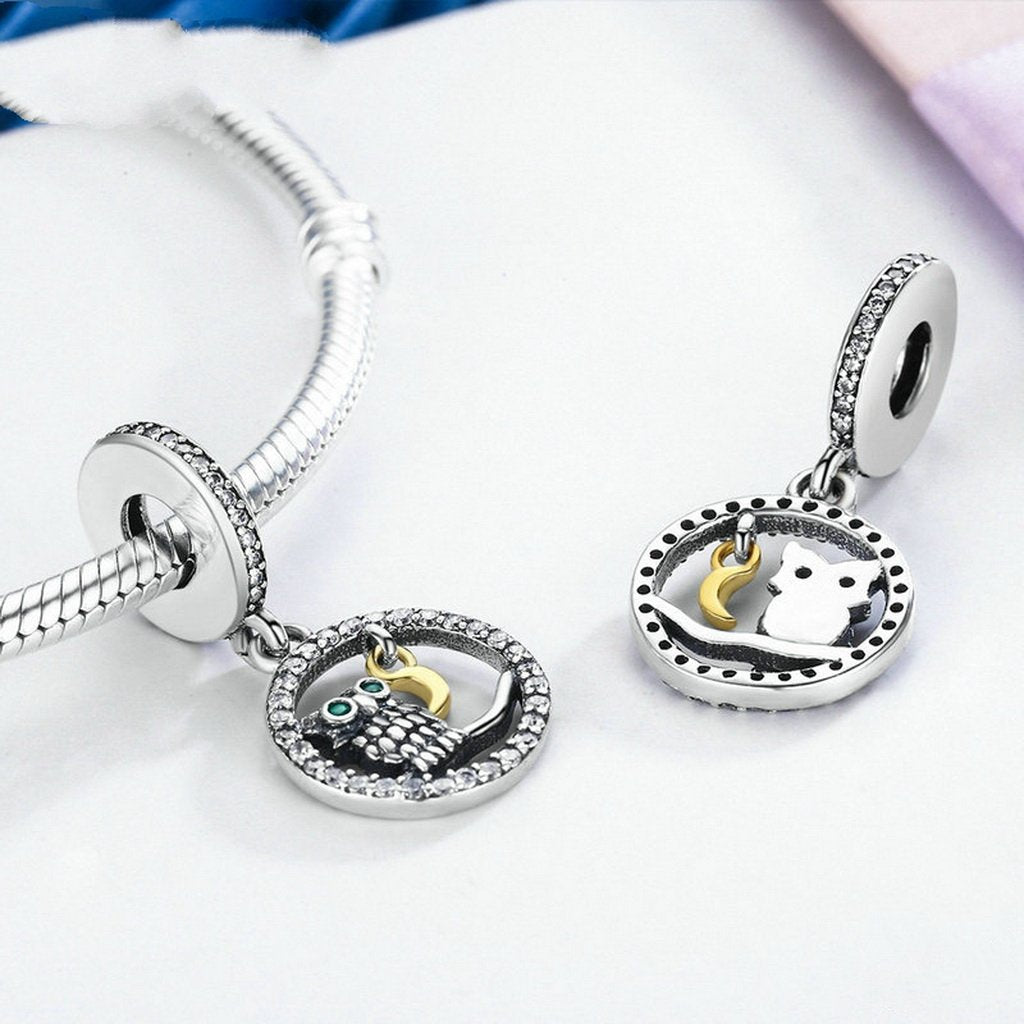 PAHALA 925 Sterling Silver Bird Story Moon with Crystals Charms Fit Bracelets Necklace