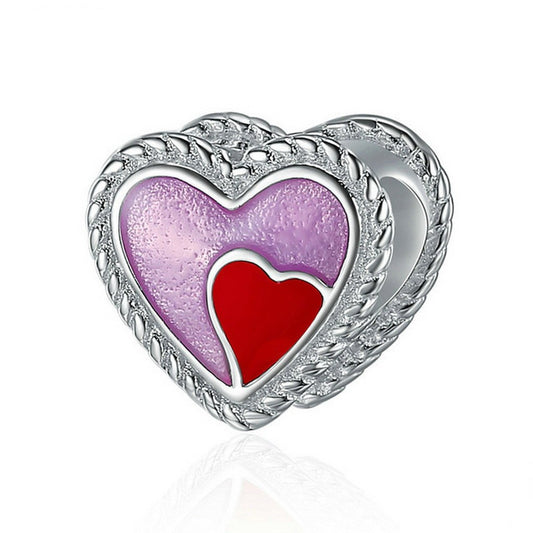 PAHALA 925 Sterling Silver Sweet Heart with Heart Red Purple Enamel Charm Bead