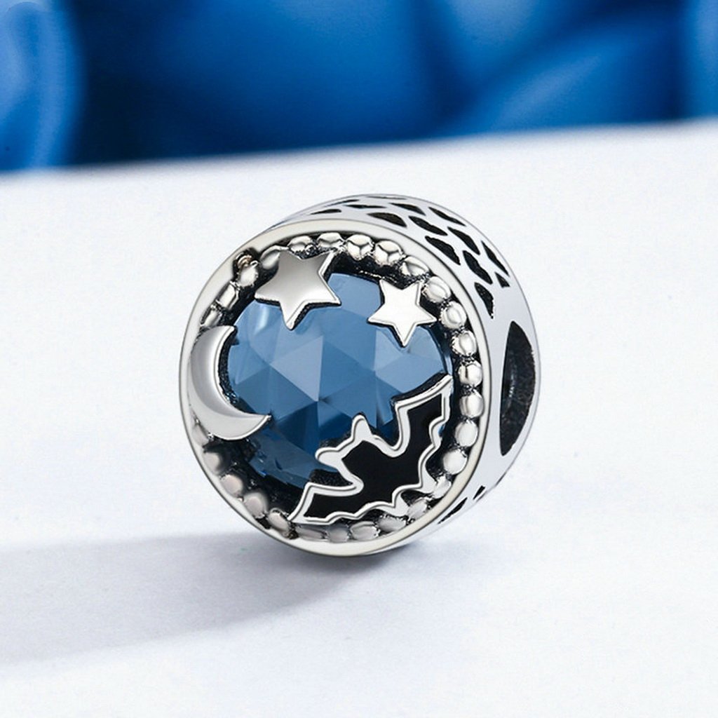PAHALA 925 Sterling Silver Midnight Bat Star with Blue Crystal Charm Bead Fit Bracelet
