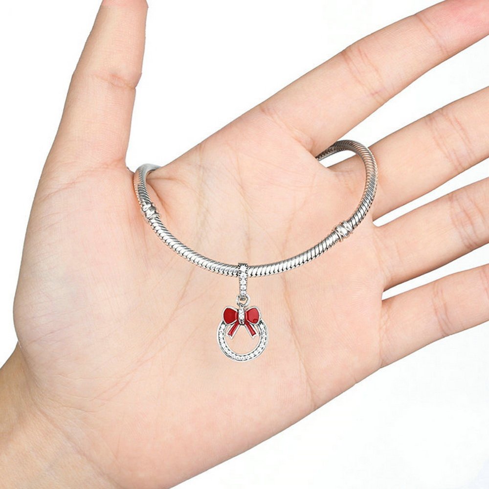 PAHALA 925 Strling Silver Red Bow Knot with Crystals Charms Pendant Fit Bracelets Necklace