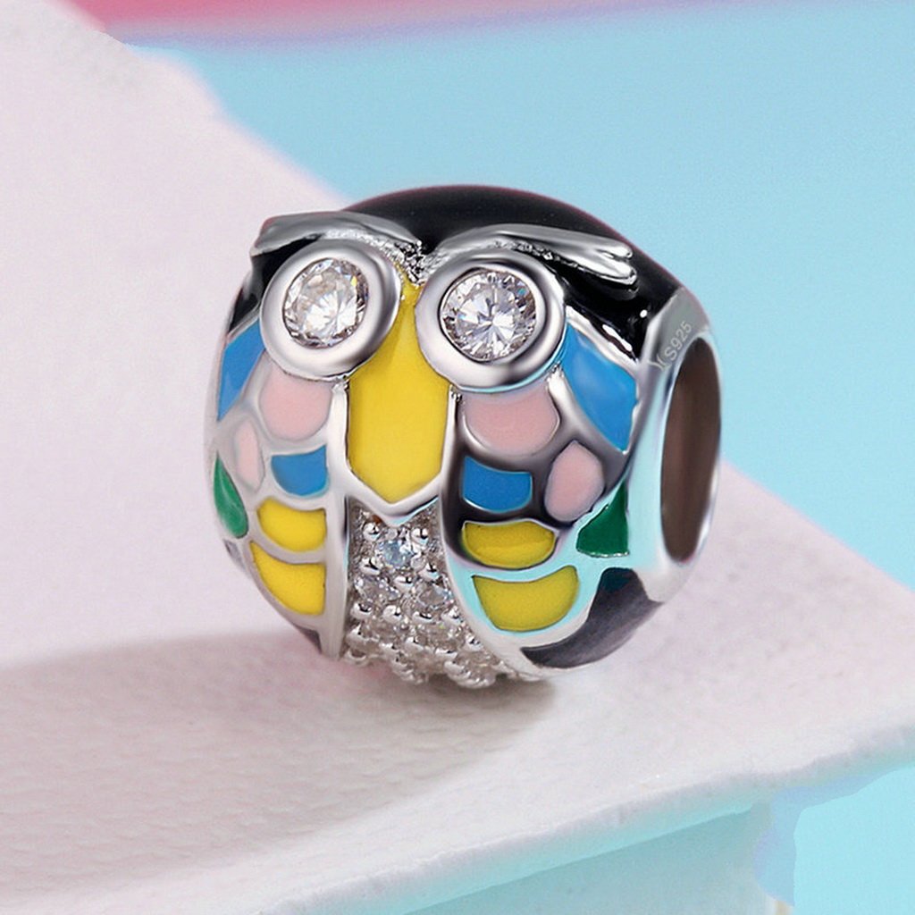 PAHALA 925 Sterling Silver Colorful Enamel Cute Owl with Crystals Charm Bead