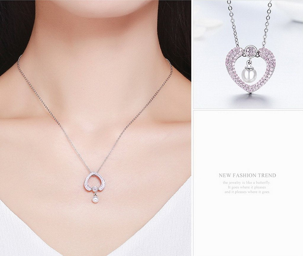 PAHALA 925 Sterling Silver Sparking Pink Crystals Clear CZ Pendant Necklace
